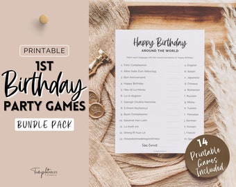 Eerste verjaardagsspellen, afdrukbare BUNDEL van 14 partyspellen voor de 1e verjaardag van de baby, 1-jarige verjaardag, jongen, meisje, trivia, neutrale boho-borden