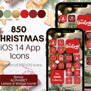 Op de afbeelding: Een verzameling van 850 kerstthema iOS 14-app-pictogrammen. De pictogrammen zijn rood met witte contouren en bevatten verschillende kerstsymbolen, zoals een kerstboom, een peperkoekman en een sneeuwvlok. De tekst "Oh Christmas Tree!" staat op twee van de pictogrammen. De tekst "The Xmas Collection" staat onderaan de afbeelding.