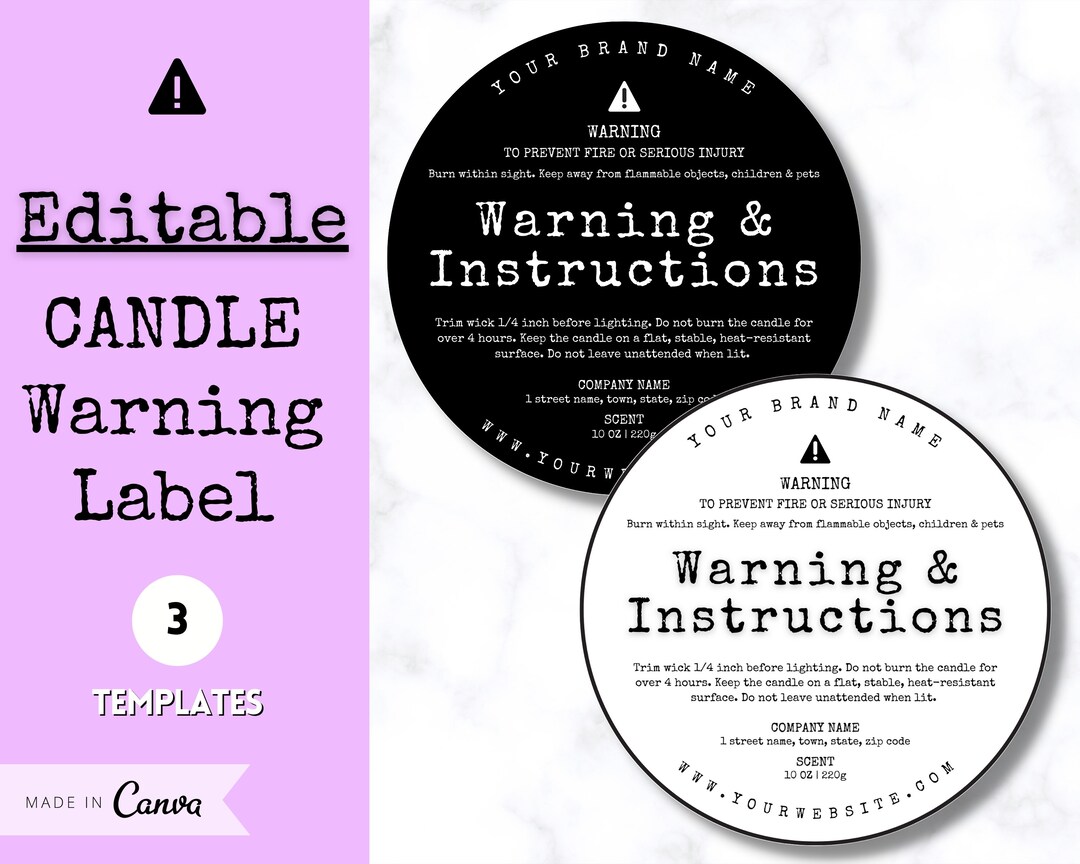 EDITABLE Candle Warning Label Template Candle Care & Fire - Etsy