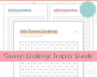 Savings Challenge BUNDLE, 5k, 10k & 20k Saving Tracker Printables, 5000, 10000, 20000, 100 Day, Cash Envelopes, Save Money, Budget, Finance