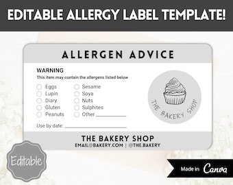 EDITABLE Allergy Label Template, Allergen Label, Allergy Information Stickers, Cakes, Baking business, Canva, Food Warning, Alert, Cupcakes