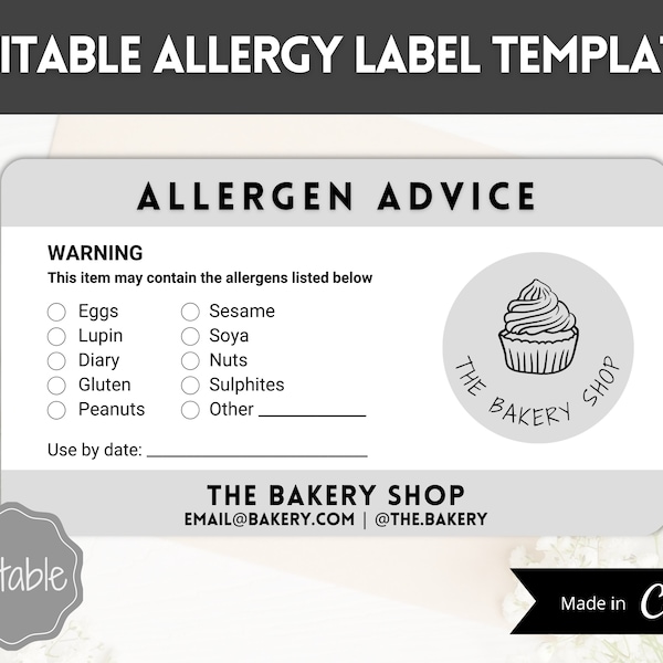 Allergen Label Template, Editable allergy Label, Allergy Information Stickers, Cakes, Baking business, Canva, Food Warning, Alert, Cupcakes