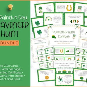 May include: A St. Patrick's Day Scavenger Hunt bundle with 16 clue cards, 6 cards per page, a hunting certificate, answer and intro sheets, and a pot of gold card. The design features green and white elements with shamrocks, rainbows, and leprechauns.