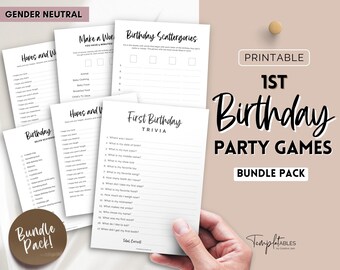 1st Birthday Games, Printable Bundle of 14 party games for baby’s 1st birthday, 1 year old birthday, boy, girl, trivia, neutral boho signs