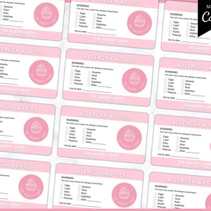 May include: Nine pink allergen advice cards with a warning label and a check box list of common allergens. Each card has a pink cupcake graphic with the text "The Bakery Shop" in white.