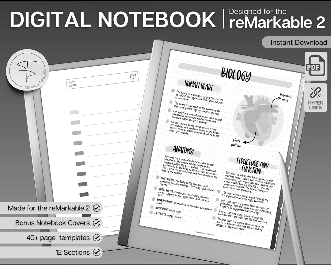 Digital Notebook for the Remarkable, 40+ Page Templates, Hyperlinked ...