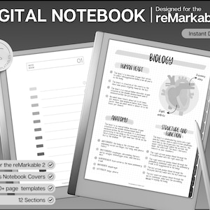 Könnte beinhalten: Eine schwarz-weiße digitale Notizbuchvorlage, die für das reMarkable 2 Tablet entwickelt wurde. Das Notizbuch enthält einen Biologie-Abschnitt mit einem Diagramm des menschlichen Herzens und Text über dessen Anatomie und Funktion. Das Notizbuch enthält auch einen Notizbereich mit einem Rastermuster.