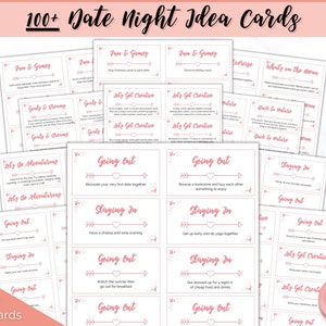Date Night-kaarten, afdrukbare set van 100+ Date Night-ideeën, Date Night Jar, paren kaartspel cadeauset, dobbelstenen, liefdesbonnen, Valentijnsdag, papier
