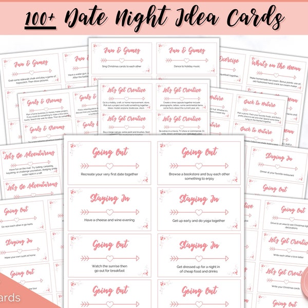 Date Night Cards, Printable set of 100+ Date Night Ideas, Date Night Jar, Couples Card Game Gift Kit, Dice, Love Coupons, Valentines, Paper