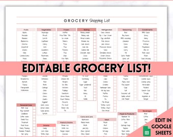 EDITABLE Grocery List, Master Grocery List Printable, Weekly Shopping, Meal Planner Checklist, Kitchen Organization Template, Google Sheets