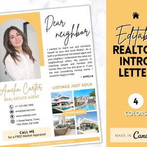 Carta de apresentação do corretor de imóveis, modelo de agente imobiliário, carta de apresentação do novo agente, marketing imobiliário, querido vizinho, folheto de cartão postal, Canva