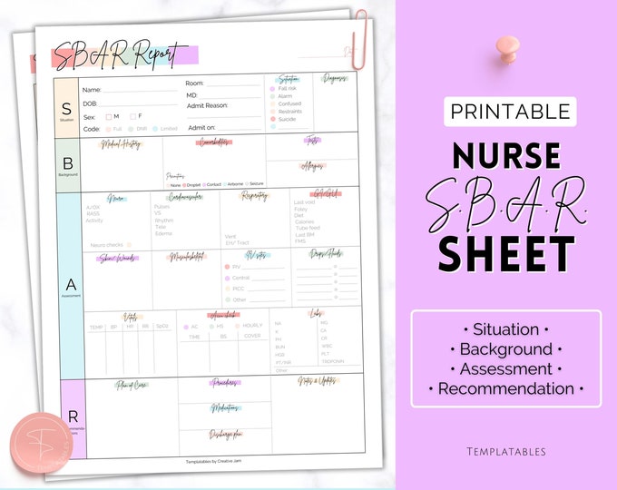 SBAR Nursing Report Sheet: Printable & Editable Template (digital ...