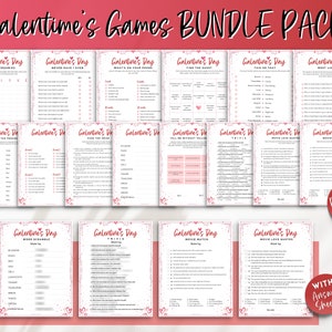 Pu&ograve; includere: Un pacchetto di giochi stampabili per il Galentine's Day con 12 giochi diversi, tra cui "Non ho mai", "Cosa c'&egrave; sul tuo telefono", "Trova l'ospite", "Questo o quello", "Il pi&ugrave; probabile", "Riempi gli spazi vuoti senza seguire le regole", "Citazioni d'amore dai film", "Abbinamento di film", "Parole crociate", "Quiz", "Abbinamento di parole" e "Citazioni d'amore di parole". I giochi sono stampati su carta bianca con cuori rosa e un bordo rosa. Il testo "Giochi stampabili" &egrave; in un cerchio rosso nell'angolo in basso a destra dell'immagine. Il testo "Con fogli di risposte" &egrave; in un rettangolo bianco con un bordo rosa nell'angolo in basso a destra dell'immagine.
