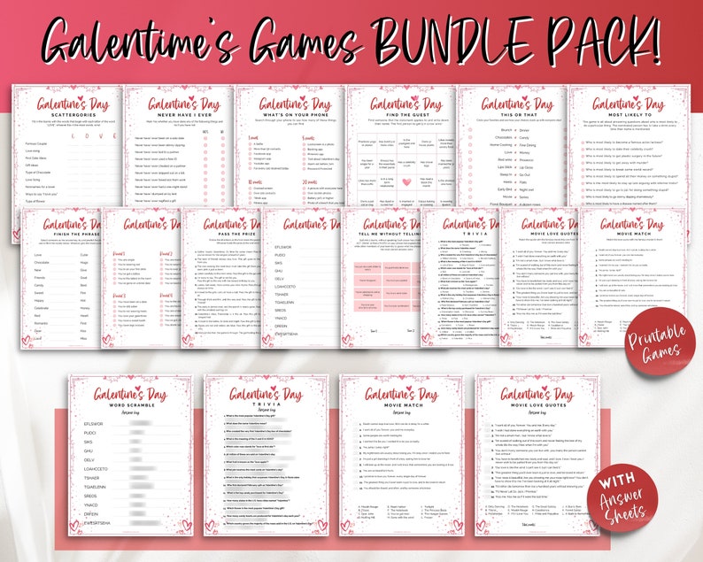 Pu&ograve; includere: Un pacchetto di giochi stampabili per il Galentine's Day con 12 giochi diversi, tra cui "Non ho mai", "Cosa c'&egrave; sul tuo telefono", "Trova l'ospite", "Questo o quello", "Il pi&ugrave; probabile", "Riempi gli spazi vuoti senza seguire le regole", "Citazioni d'amore dai film", "Abbinamento di film", "Parole crociate", "Quiz", "Abbinamento di parole" e "Citazioni d'amore di parole". I giochi sono stampati su carta bianca con cuori rosa e un bordo rosa. Il testo "Giochi stampabili" &egrave; in un cerchio rosso nell'angolo in basso a destra dell'immagine. Il testo "Con fogli di risposte" &egrave; in un rettangolo bianco con un bordo rosa nell'angolo in basso a destra dell'immagine.