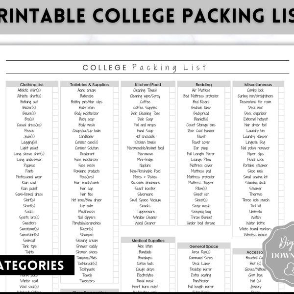Printable College Packing List, Back to School, Packing Checklist, Student Planner, College Essentials, Travel Moving College Dorm Checklist