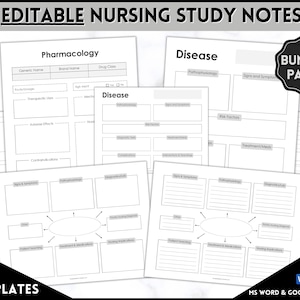 Guía de estudio para estudiantes de enfermería EDITABLE, PAQUETE de notas de enfermería, Mapa conceptual, Plantilla de enfermedad, Farmacología, Fisiopatología, Med Surg, Tarjeta de medicamentos