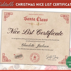 Nice List Certificate, Editable Christmas Certificate Template, Holiday Certificate, Santa Claus Letter, Official, North Pole Mail, Xmas Eve