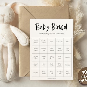 Juego de BINGO para bebés, 30 juegos de bingo para baby shower imprimibles, tarjetas precargadas, género neutro, minimalista, boho, bosque, plantilla de baby shower