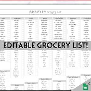 EDITIERBARE Einkaufsliste, druckbare Master-Einkaufsliste, wöchentlicher Einkauf, Checkliste für die Küchenorganisation, Google Sheets