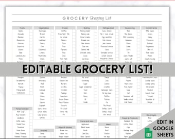 EDITABLE Grocery List, Master Grocery List Printable, Weekly Shopping, Meal Planner Checklist, Kitchen Organization Template, Google Sheets