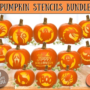May include: A selection of carved orange pumpkins with Halloween designs like a cat, ghost, and alien. The text "PUMPKIN STENCILS BUNDLE" is at the top. A circular graphic reads "60 TEMPLATE BUNDLE".