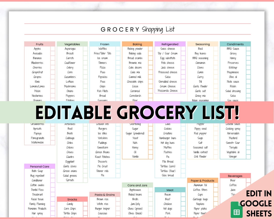 EDITABLE Grocery List, Master Grocery List Printable, Weekly Shopping EDITABLE Grocery List, Master Grocery List Printable, Weekly Shopping
