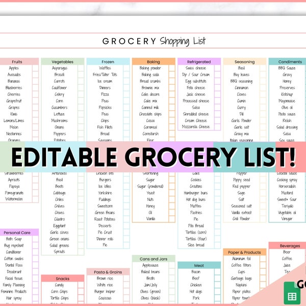 EDITABLE Grocery List, Master Grocery List Printable, Weekly Shopping, Meal Planner Checklist, Kitchen Organization Template, Google Sheets