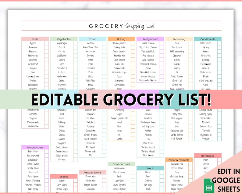 EDITABLE Grocery List Master Grocery List Printable Weekly - Etsy