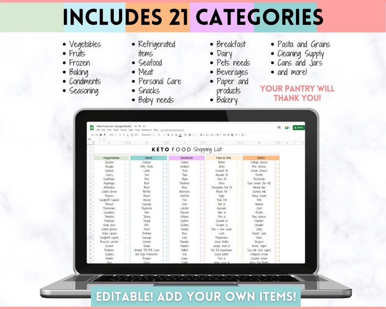 EDITABLE Keto Food List, Keto Snack List, Low carb, Digital Grocery List, Master Grocery List Printable, Shopping List, Meal Planner Journal image 5