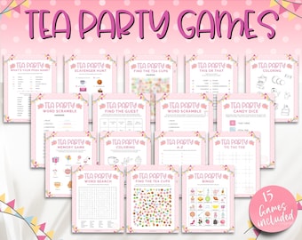 Tea Party Games Bundle, 15 Girls Afternoon Tea Party Games, Birthday Decor, Favors, Bingo, Wordsearch, Trivia, Easy Printable Games, Pink