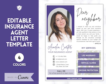 May include: A purple and white business card template for an insurance agent. The card features a photo of a woman, the text "Dear neighbor", and a list of services offered, including life insurance, critical illness, and income protection.
