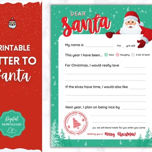Carta imprimible para niños a SANTA Claus, Lista de deseos de Navidad, Carta de Papá Noel, Carta de Querido Papá Noel, Vacaciones, Correo del Polo Norte, Lista agradable