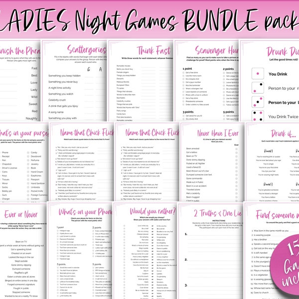 Ladies Night Games BUNDLE, 15 printable games for Girls Night In, Galentines weekend, drinking, slumber party, adult, whats in your phone