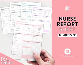 May include: A bundle pack of 15 printable nurse report sheets. The sheets are pink and white with a pink and white floral design. The sheets include sections for patient background, assessments, vitals, planning, labs, medications, and notes.