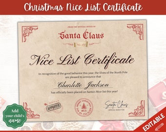 Christmas Nice List Certificate, Editable Certificate Template, Holiday Certificate, Santa Claus Letter, Official, North Pole Mail, Xmas Eve