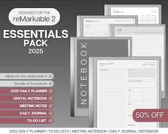 ESSENTIALS template pack for the reMarkable 2 | 2025 Daily Planner, Digital To Do List, Meeting Minutes, Meeting Notes, Journal & Notebook