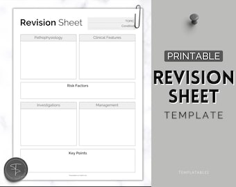 May include: Printable revision sheet template with sections for pathophysiology, clinical features, risk factors, investigations, management, and key points. The template has a blank space for the topic or condition.