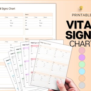 May include: A stack of printable vital signs charts in various pastel colors, including pink, purple, and blue. The charts have sections for patient information, vital signs, and notes. The words "PRINTABLE" and "VITAL SIGNS CHART" are displayed.