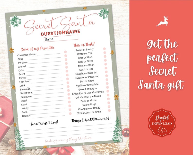 Printable Secret Santa Questionnaire. Holiday Gift Exchange Etsy UK