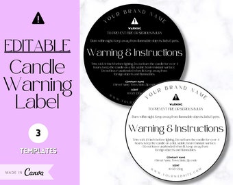 EDITABLE Candle Warning Label Template, Candle Care & Fire Safety Instructions, Packaging Label, Round Circle Care Card, Candle Maker Seller