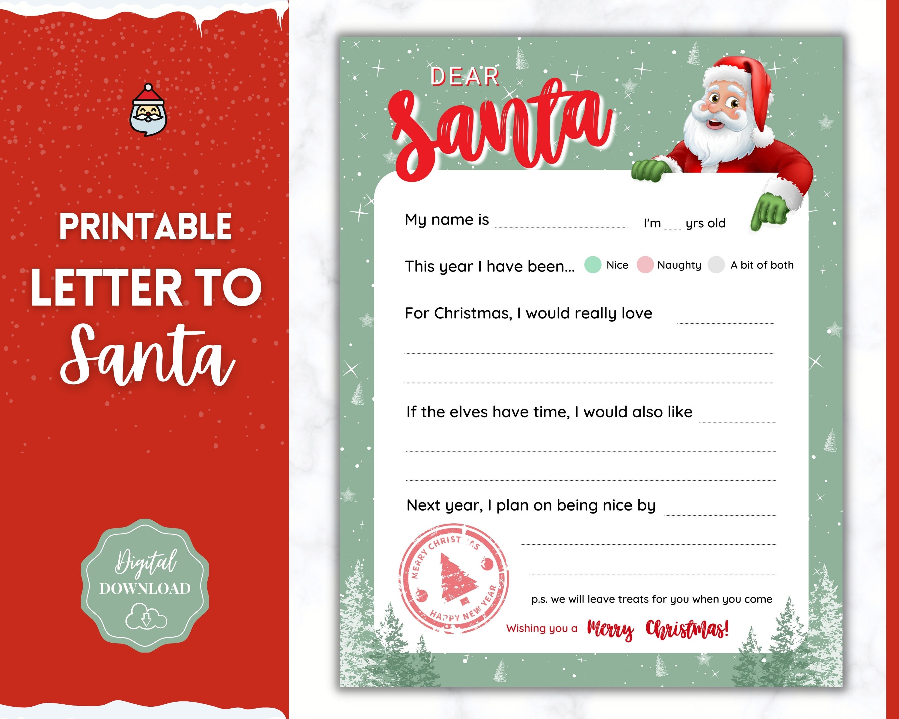 Printable Kids Letter to SANTA Claus, Christmas Wish List, Father