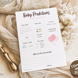 Carta di previsioni e consigli per bambina, modello stampabile di giochi per baby shower, genere neutro, minimalista, Boho, tema bosco, carta di consigli