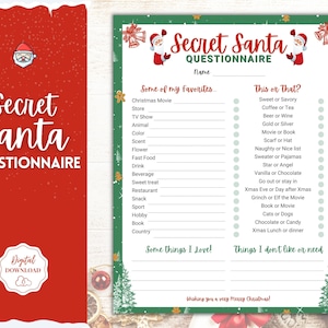 Cuestionario imprimible del Papá Noel secreto. Formulario de intercambio de regalos navideños, laboral o personal, lista de deseos navideños. Niños Adultos, Lista de regalos, Fiesta de Navidad,