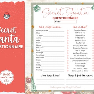 Geheime Santa-vragenlijst afdrukbaar. Uitwisselingsformulier voor vakantiecadeaus, werk of persoonlijk, kerstverlanglijst. Kinderen Volwassenen, Cadeaulijst, Kerstfeest,
