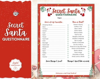 Secret Santa Questionnaire Printable. Holiday Gift Exchange Form, Work or Personal, Christmas Wish List. Kids Adults, Gift List, Xmas Party,