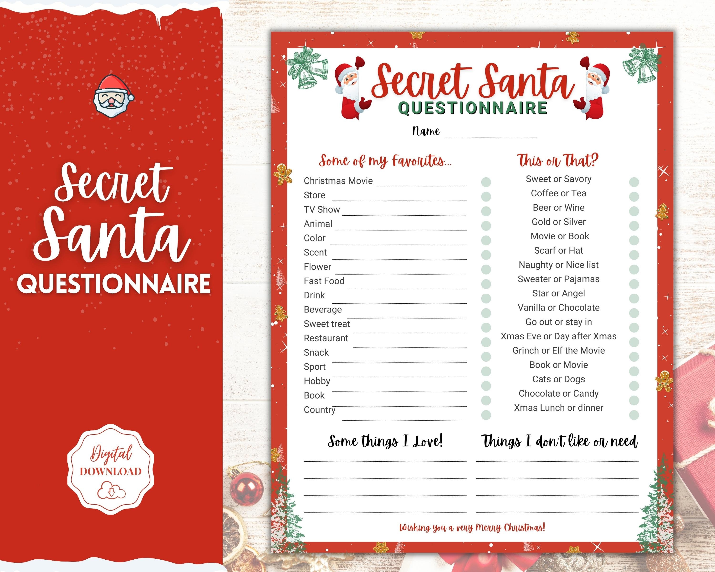 secret santa questionnaire printable. holiday gift exchange form