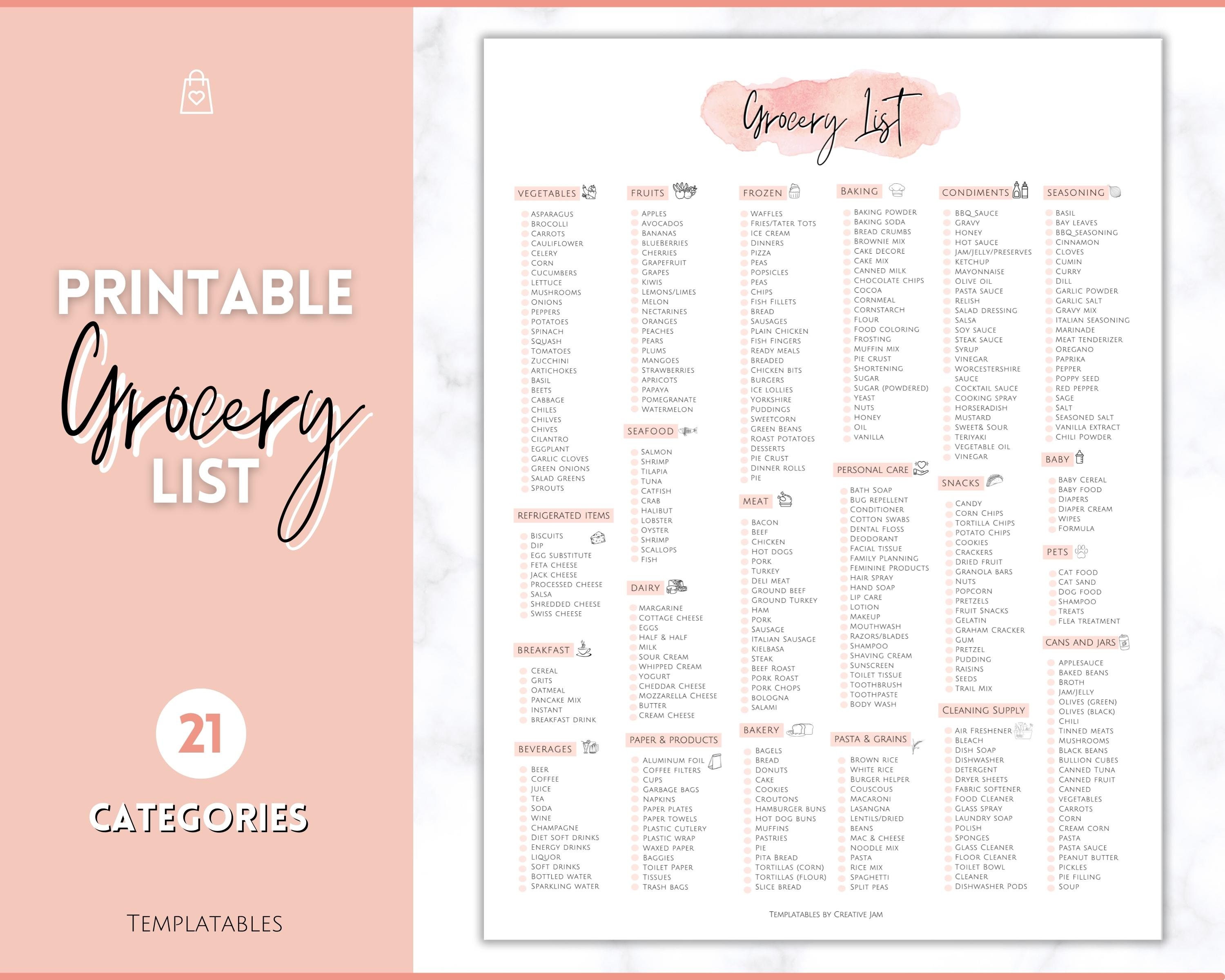 printable grocery list master grocery list weekly shopping etsy