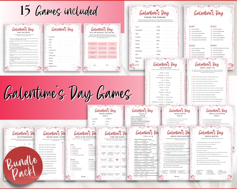 GALENTINES Games Bundle, 15 Printable Games for Galentines Day, Galentines Party Game, Bingo, Trivia, Valentines Day Party Game, Girls Night