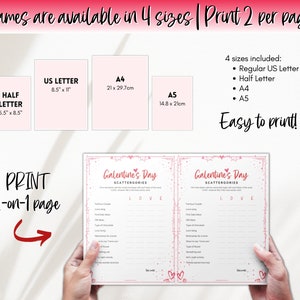 Pu&ograve; includere: Gioco di societ&agrave; Galentine's Day Scattergories stampabile con cuori rosa e bianchi e glitter. Il gioco &egrave; disponibile in quattro formati: US Letter standard, Half Letter, A4 e A5. Il testo del gioco dice "Galentine's Day Scattergories".