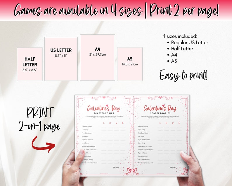 Pu&ograve; includere: Gioco di societ&agrave; Galentine's Day Scattergories stampabile con cuori rosa e bianchi e glitter. Il gioco &egrave; disponibile in quattro formati: US Letter standard, Half Letter, A4 e A5. Il testo del gioco dice "Galentine's Day Scattergories".